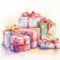 Soft Watercolor Christmas Morning Scene with Opened Gifts and Wrapping Paper AI Generated