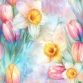 Soft Watercolor Dreams: Tulips and Daffodils in Pastel Wash