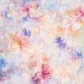 A soft, watercolor floral illustration with light, flowing petals of roses, peonies, and violets in