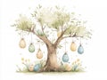 Soft watercolor illustration of a friendly, whimsical tree adorned with pastel Easter eggs and small yellow flowers - AI-Generated Royalty Free Stock Photo
