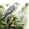 Soft Watercolor Illustration Of Heron Levant Sparrowhawk In Nature