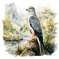 Soft Watercolor Illustration Of White Tailed Falcon By Mountain River