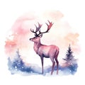 Soft Watercolor Reindeer Silhouette Against Snowy Christmas Evening Sky AI Generated