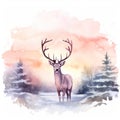 Soft Watercolor Reindeer Silhouette Against Snowy Christmas Evening Sky AI Generated