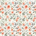 Soft watercolor seamless pattern with radiant red and orangeade flowers intermingled with desert foliage