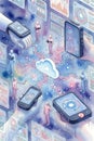 Artistic Watercolor Illustration of Cloud Computing and Global Digital Connectivity with Mobile Devices and Data Flow Royalty Free Stock Photo