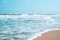 Soft wave with bubble of Blue Ocean on white sand at tropical beach on summer season. Simple beach background for summer. Bubble Royalty Free Stock Photo