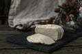 Soft white cheese on the black board Royalty Free Stock Photo