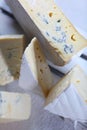 Soft white cheese with blue mold in a white wooden box on a white plate. Vertical photo. Several pieces of cheese. Assorted cheese