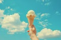 Soft white cream milk ice cream cone serve in hot summer day on sky background. Royalty Free Stock Photo