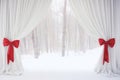 Soft white curtains with red ribbon tiebacks. Generative AI Royalty Free Stock Photo