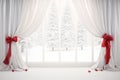 Soft white curtains with red ribbon tiebacks. Generative AI Royalty Free Stock Photo