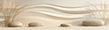 Soft windblown sand creates calming patterns in beige, dotted with scattered grasses and smooth stones, set against a Royalty Free Stock Photo