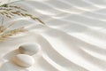 Soft windblown sand patterns in beige tones create a tranquil atmosphere, complemented by scattered grasses and smooth Royalty Free Stock Photo