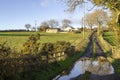 Soft winter sunlight on a flooded farm lane leading to a local farm yard and family home near Dundonald in County Down Northern Ir