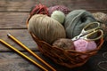 Soft woolen yarns, knitting needles and scissors on wooden table