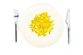 Soft yellow capsules with healthy omega 3 fish liver oil on a dinner plate with knife and fork. Royalty Free Stock Photo