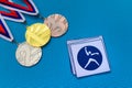 Softball icon and medal set, gold silver and bronze medal, blue background. Original wallpaper for summer olympic game in Tokyo