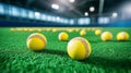 Softballs on Field Yellow softballs on a green artificial turf field indoors Ready for practice or game Royalty Free Stock Photo