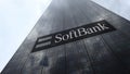 SoftBank logo on a skyscraper facade reflecting clouds, time lapse. Editorial 3D rendering