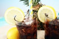 Softdrink with ice cubes, lemon and straw in glass.