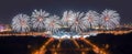 Soften edge view of Moscow firework festival in the Lenin Hills area with thousands of smart phone flashes and water reflections Royalty Free Stock Photo