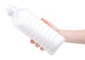 Softener conditioner in white plastic bottle in hand isolated on white background. Royalty Free Stock Photo