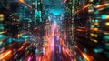 A softfocus image of a future city at night with streaks of colorful lights and buildings stretching into the sky. The