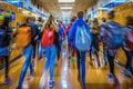 Softly blurred school scene busy corridor with students, lockers, and educational posters Royalty Free Stock Photo