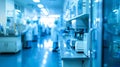 Softly blurred view of a busy lab filled with futuristic machinery and a team of scientists working together on