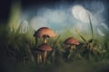 Soft little magical mushrooms in the garden grass with light soap-like bubbles in the background. Royalty Free Stock Photo