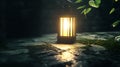 Softly glowing lantern illuminating a serene stone pathway enhanced by lush greenery in a tranquil garden setting