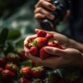 Taking a photo of holding strawberry in the hand with camera portriat style, Generative Ai