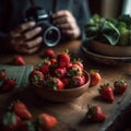 A man captured picture of strawberries in bowl on the wood table with camera, in the style of softly portrait style, Generative AI