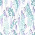 Softness nature vector seamless pattern. Abstract light green and purple silhouettes of leaves and flowers on white background.