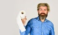 Softness strength and absorbency. Prevent Toilet Paper Hoarding. Man hold toilet paper. Hipster with tissue. limit usage