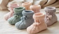 Softness and warmth in a cute pair of knitted baby booties generated by AI Royalty Free Stock Photo