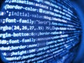 Software background technology. Developer display with source code. Digital display screen of modern programmer coding work live Royalty Free Stock Photo