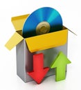 Software box with Bluray disc inside and download upload arrows isolated on white background. 3D illustration Royalty Free Stock Photo