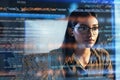 Software, coding hologram and woman in data analytics, information technology and gdpr overlay. Programmer or IT person Royalty Free Stock Photo