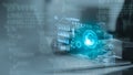 Software, coding holograms on a laptop thinking of data analytics, digital technology. Programmer or IT person, programming, and Royalty Free Stock Photo