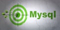 Software concept: target and MySQL on wall background