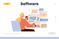 Software creation and testing online service landing page with cartoon woman working on computer