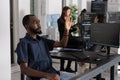Software developer analysing ar hologram to work on html code Royalty Free Stock Photo