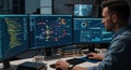 Software Developer Analyzing Code and Data on Multiple Screens Royalty Free Stock Photo