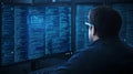 Software developer analyzing complex code on multiple screens Royalty Free Stock Photo