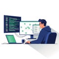 Software Developer Coding and Analyzing Data on Multiple Monitors in Modern Workspace Royalty Free Stock Photo