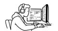 Software Developer Coding on Dual Monitors with Headphones - Line Art Illustration Royalty Free Stock Photo