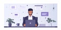 Software developer . Computer programmer flat character on cartoon background. Learning coding. Colourful editable scene Royalty Free Stock Photo