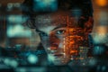 Software developer . Computer programmer flat character on cartoon background. Learning coding. Colourful editable scene Royalty Free Stock Photo